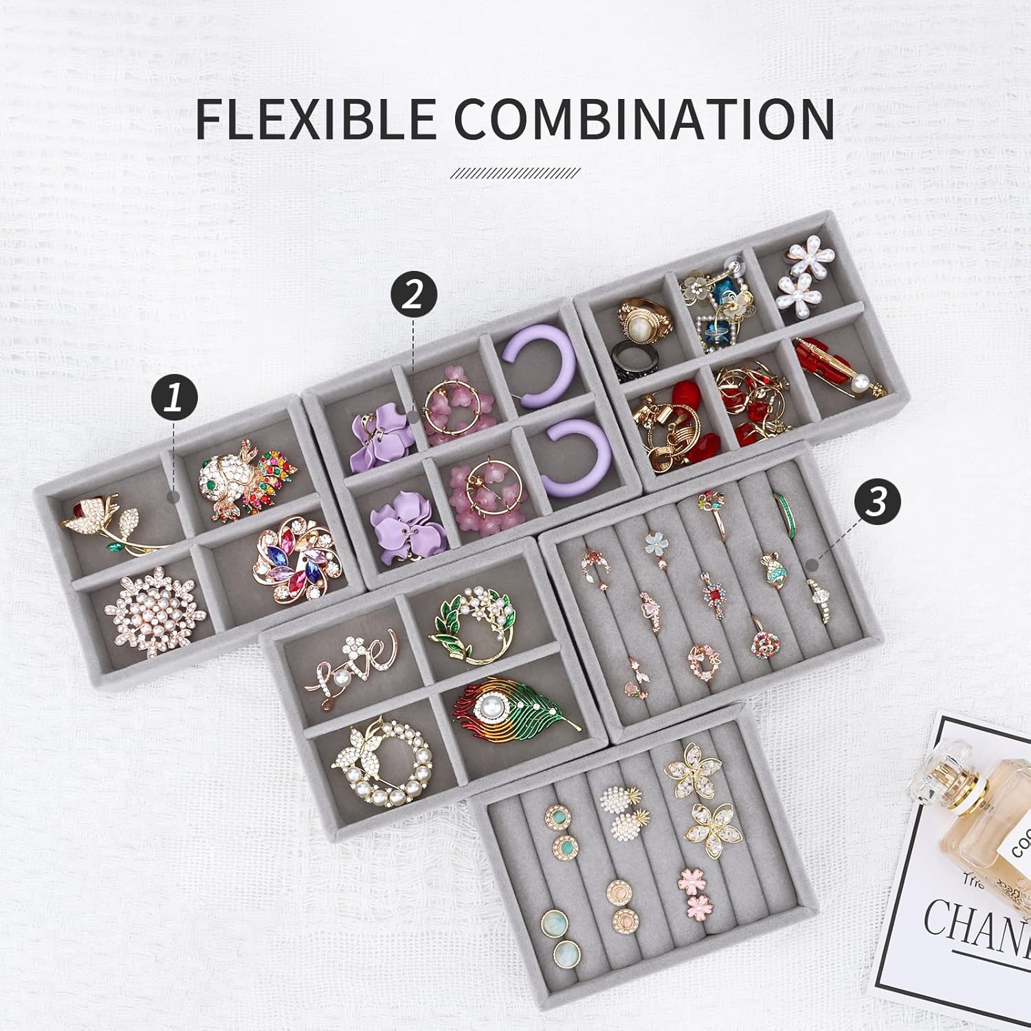 DesignSter Small Jewelry Tray, 2PCS Ring Organizer, Velvet Jewelry Display Tray, Stackable Jewelry Organizer Trays, Jewelry Drawer Organizer Inserts For Dresser, Jewelry Box (Gray)