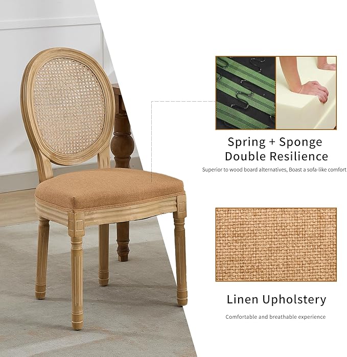 French Country Dining Chairs Set of 2, Caramel Kitchen & Dining Room Chairs Set of 2, Rattan Dining Chairs, Cane Back, Wood Legs, Sillas De Comedor (Rattan, Amber, 2Pcs)