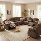 Manual Recliner Sectional Sofa Set, L-Shaped Living Room Furniture Sets, Reclining Sectional Corner Couch and 2 Reclining Chairs Set for Home Office (Peanut, Sectional + 2 Chairs)