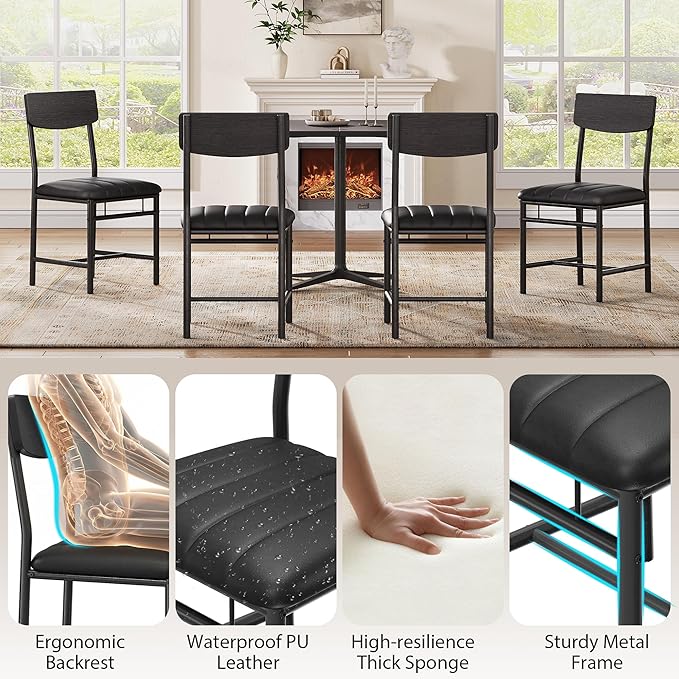 Industrial Dining Chairs Set of 6 - Upholstered Dining Room Chairs with PU Leather, Kitchen Chairs with Wooden Backrest and Thickened Metal Legs, for Dining Room, Living Room (6, Dark Black)