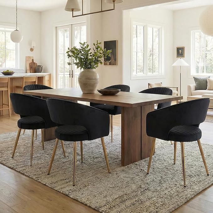 Black and Gold Velvet Dining Chairs, Modern Dining Room Chairs with Arms Set of 4 Upholstered Accent Chair Armchair with Barrel Back for Kitchen Living Room