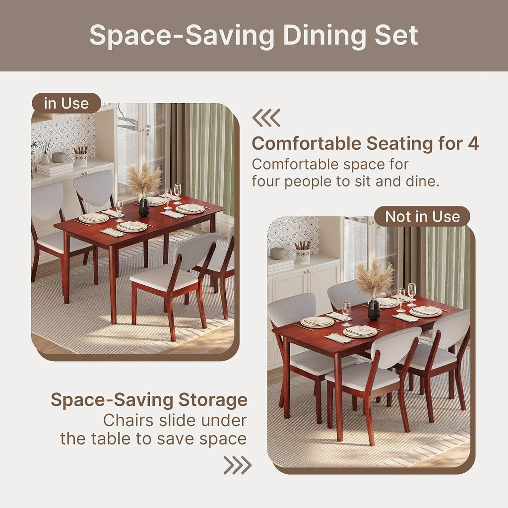 Ahomly 5-Piece Dining Table Set for 4,Solid Wood Kitchen Table Set with 4 Upholstered Linen Chairs, Space-Saving Dining Room Furniture for Apartment, Home, Dark Cherry/Grey