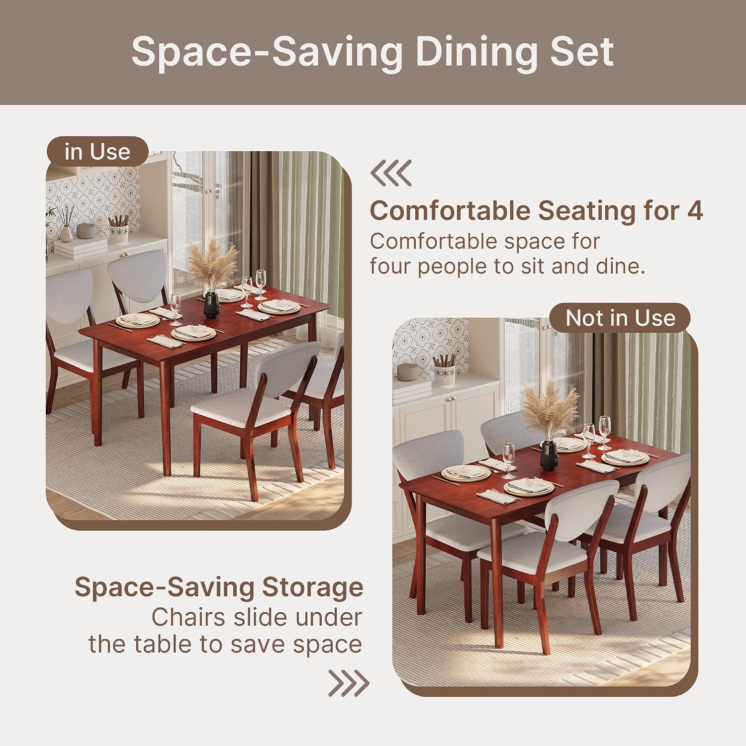 Ahomly 5-Piece Dining Table Set for 4,Solid Wood Kitchen Table Set with 4 Upholstered Linen Chairs, Space-Saving Dining Room Furniture for Apartment, Home, Dark Cherry/Grey