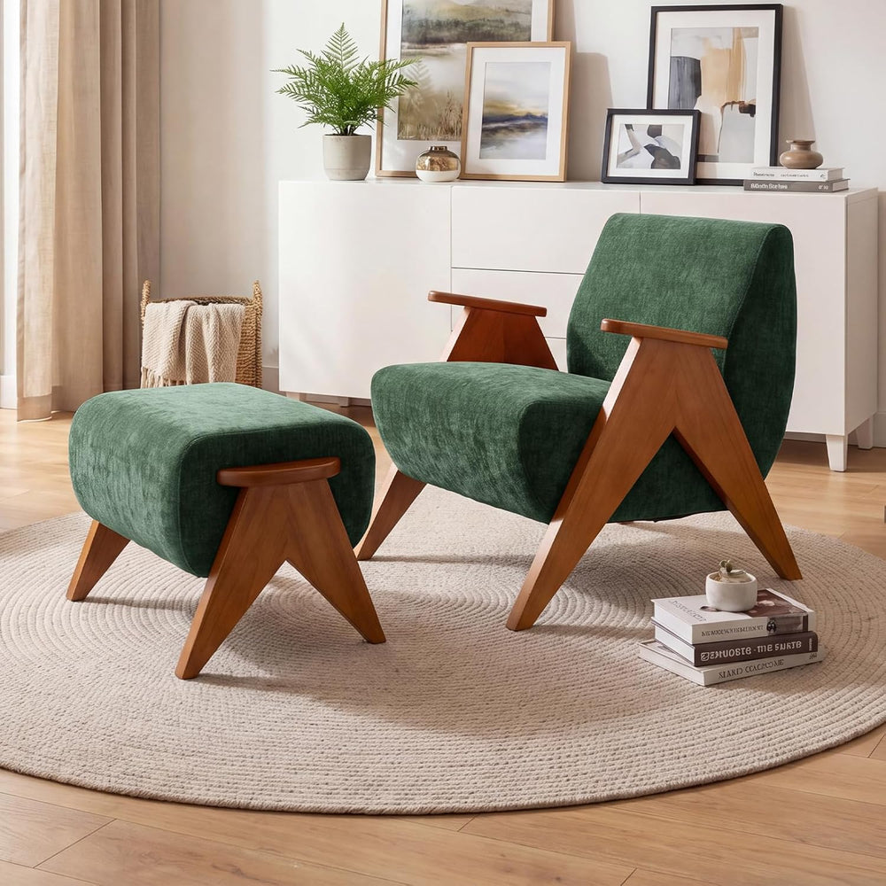 Linen Padded footstools Mid Century Modern Ottoman with Wood Frame, Lounge Up...