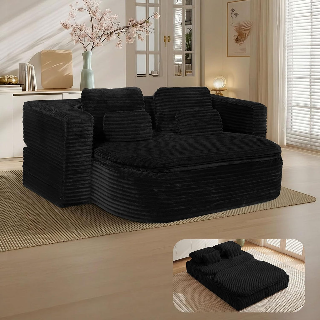 75'' Folding Sleeper Sofa Bed, Memory Foam Boneless Couch | Full Size Guest Bed Mattress, Modern 2-in-1 Floor Deep Seat Sleeper Sofa with 4 Pillows and Blanket | Corduroy Black