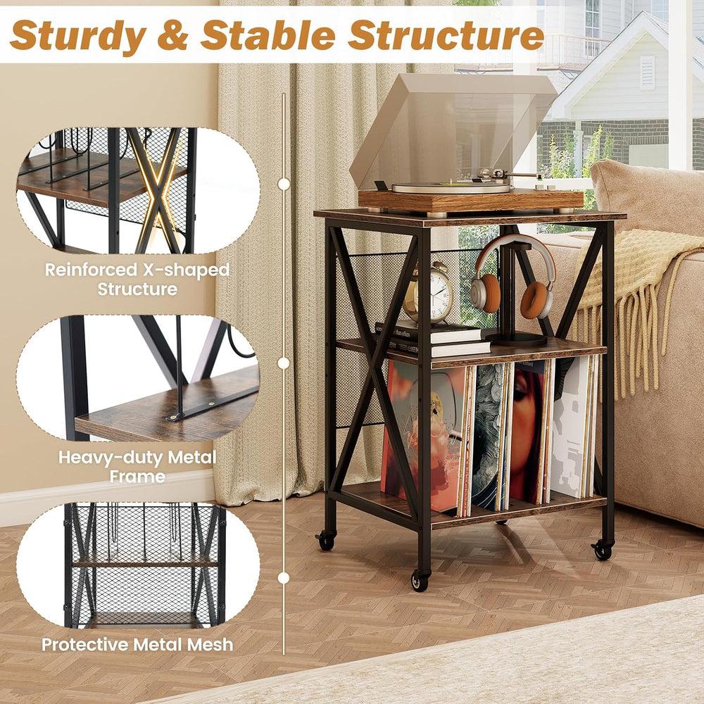 GOFLAME Record Player Stand with Power Outlet, 3-Tier Industrial Rolling Turn...