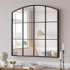 Window Pane Black Mirror, 36" x 36" Farmhouse Arched Wall Mirror, Large Arch Grid Mirror for Living Room Bedroom Farmhouse Fireplace Hallway Entryway