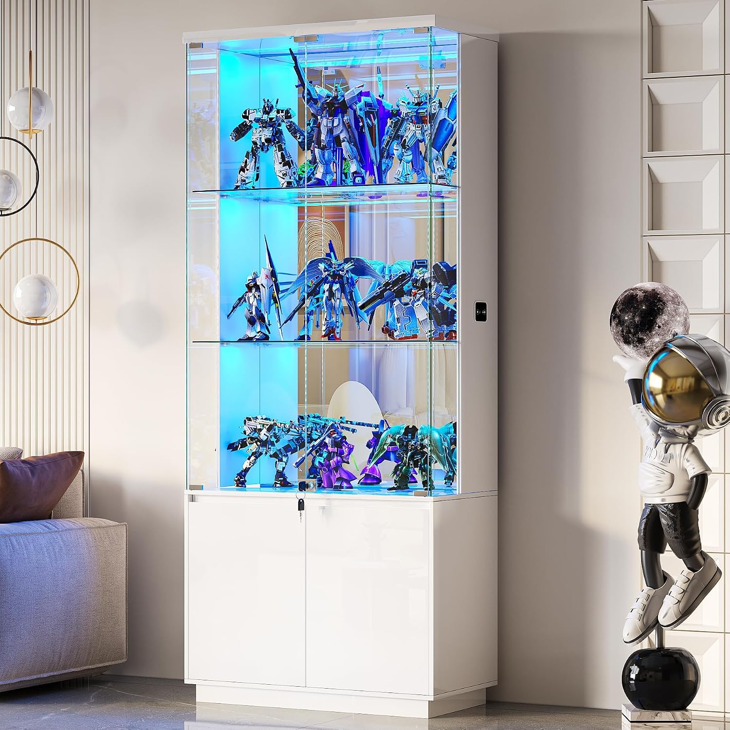 Lvifur 71” Glass Display Cabinet with Lights and Human Body Sensor - White | Pop-Up 4mm Tempered Glass Door; Safety Lockable Keys; Adjustable Lights; 6 feet Tall; Ample Storage Space; Durable Material