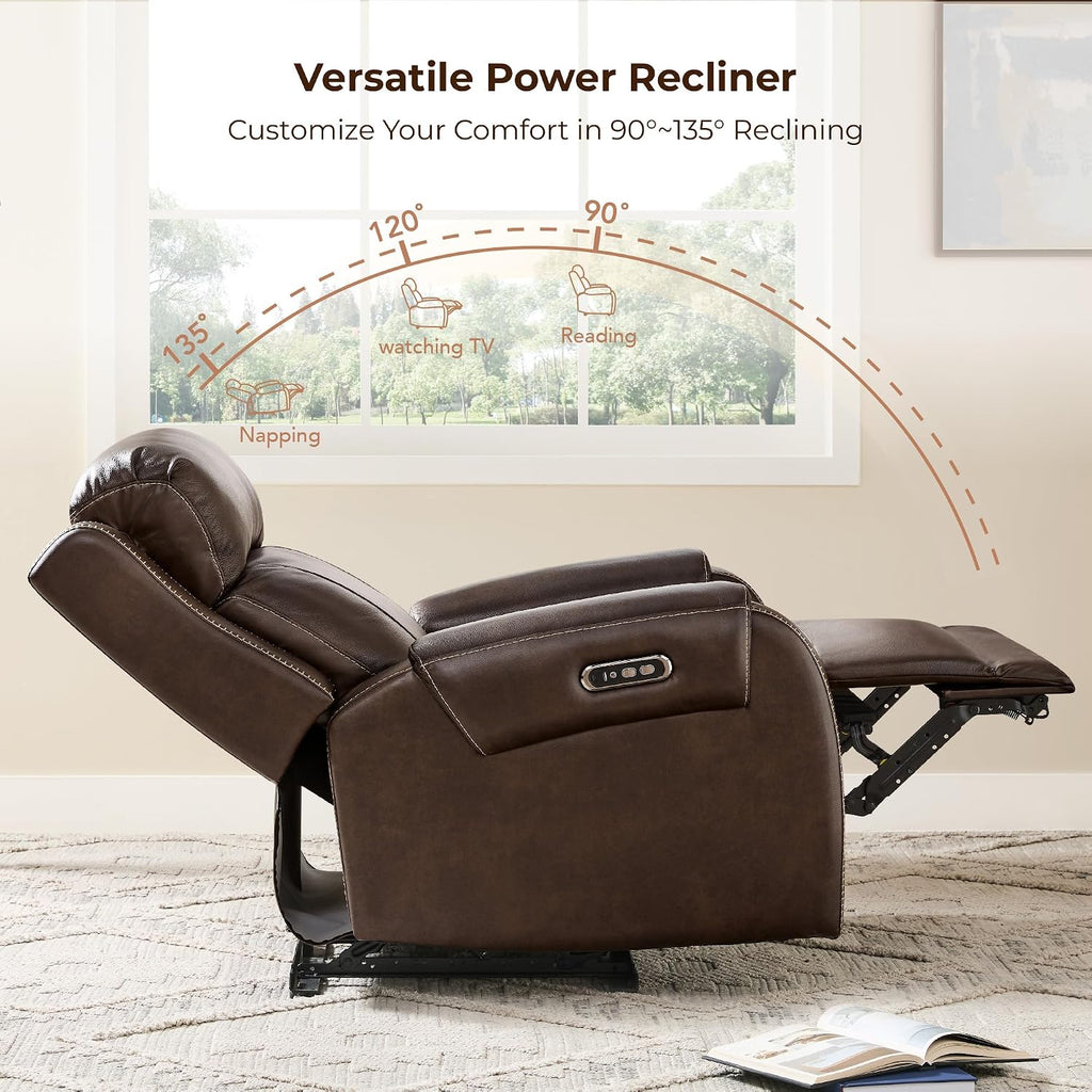 CHITA Wall Hugger Genuine Leather Power Recliner Chair, Dark Brown | Adjustable Power Headrest, USB & Type-C Ports, Compact Electric Recliner for Small Spaces & Living Rooms & RV
