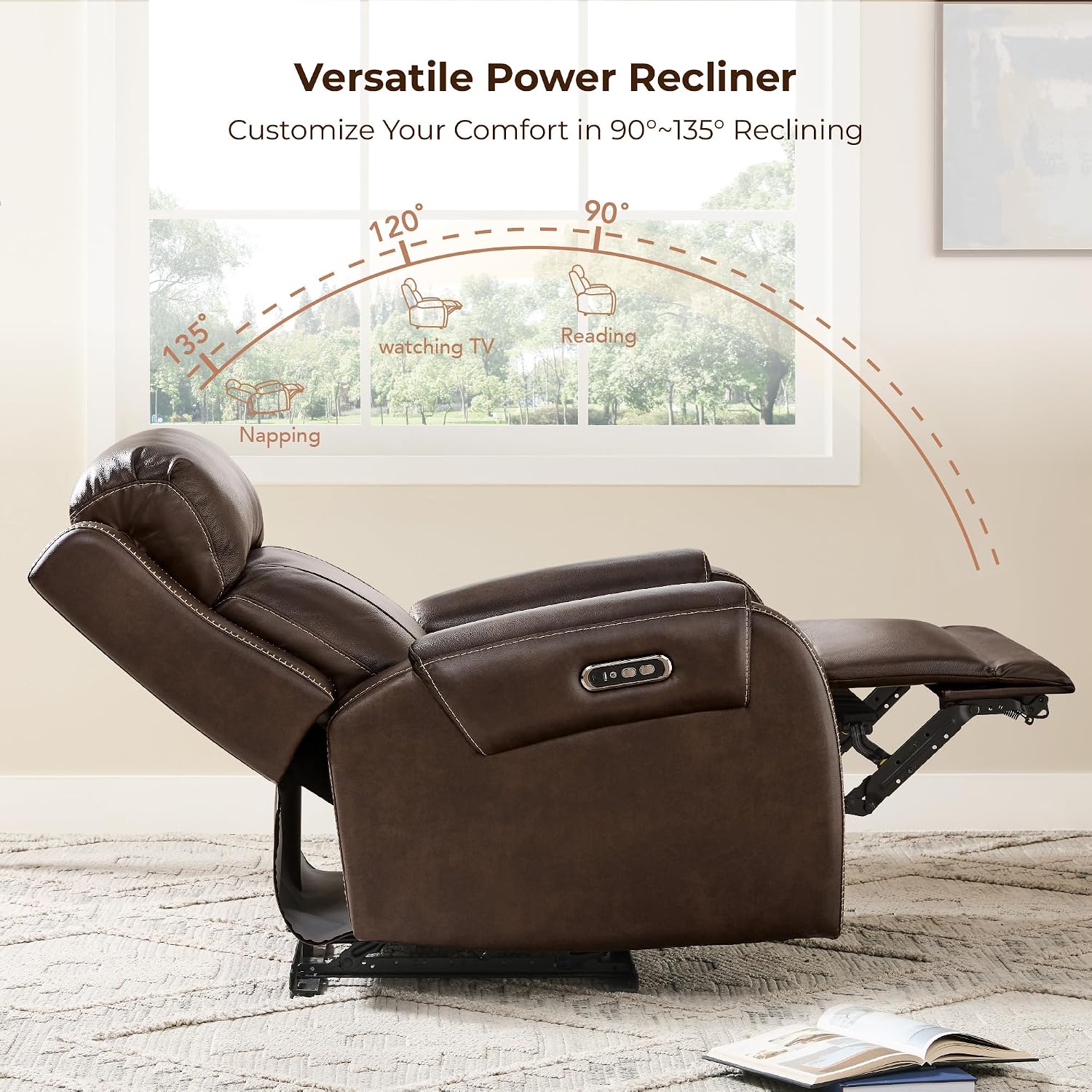 CHITA Wall Hugger Genuine Leather Power Recliner Chair, Dark Brown | Adjustable Power Headrest, USB & Type-C Ports, Compact Electric Recliner for Small Spaces & Living Rooms & RV