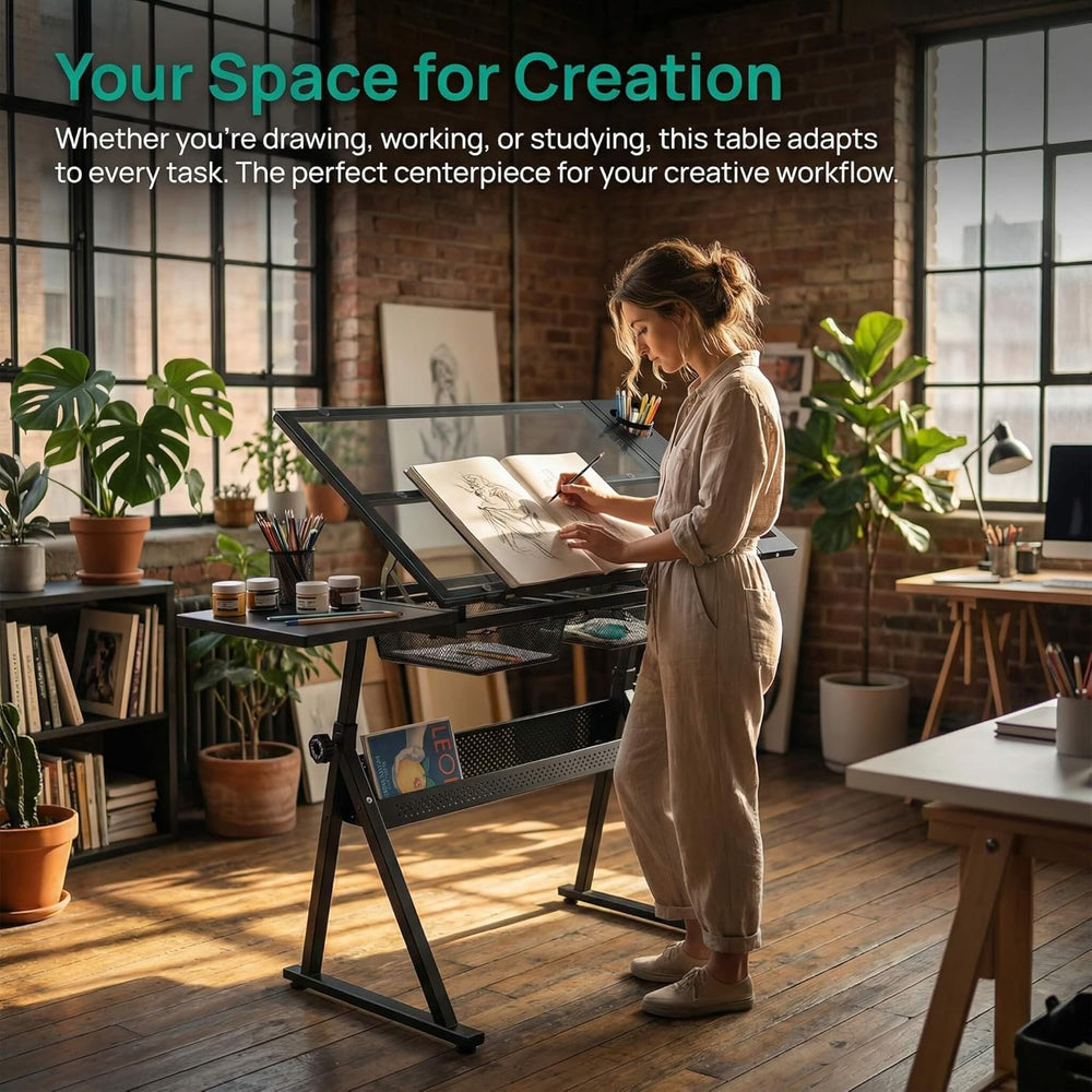 Litex Adjustable Drafting Table with Stool, Glass Top Art Desk for Drawing &a...