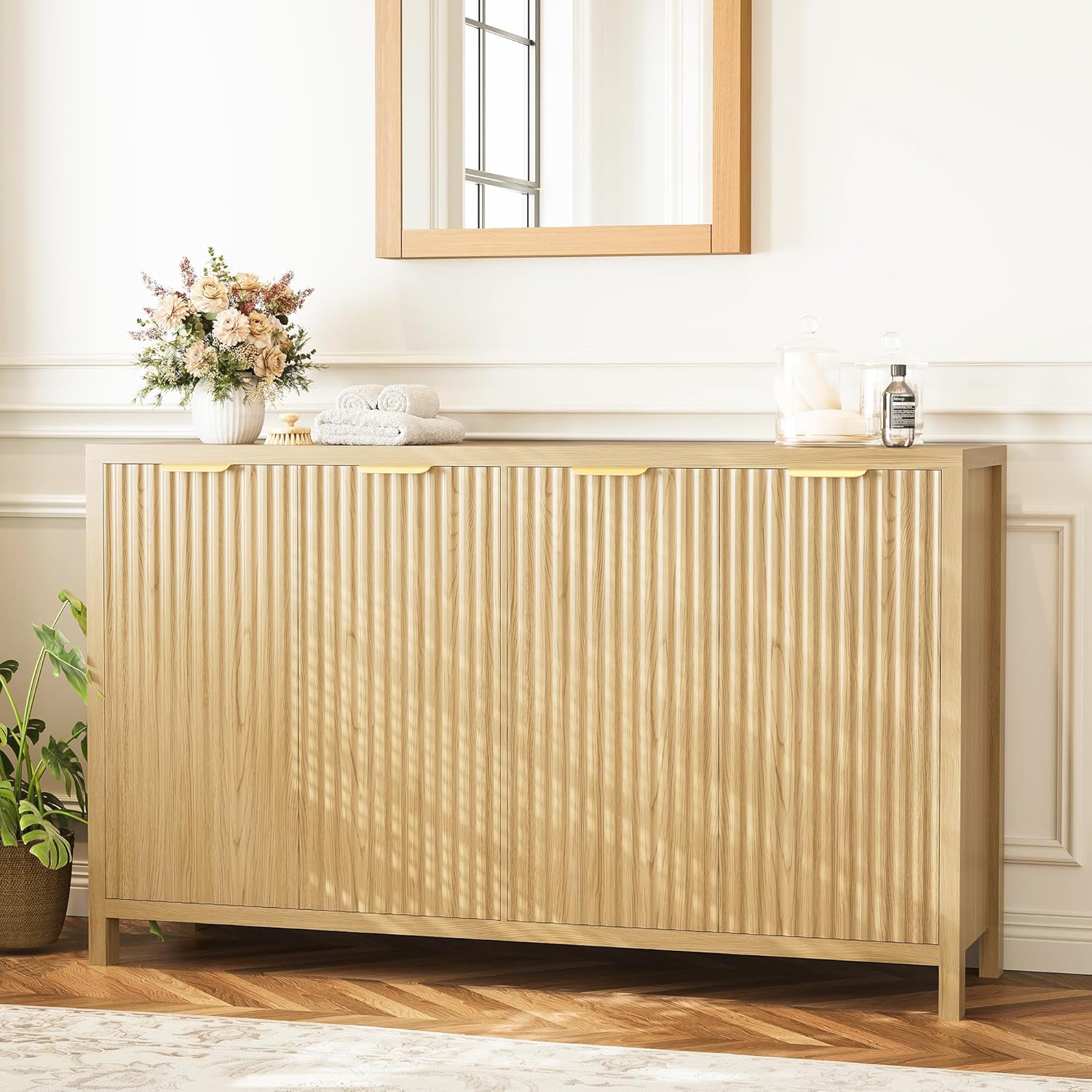 Fluted Buffet Cabinet with Storage, 55" Sideboard Cabinet with 4 Doors, Modern Credenza Accent Console Cabinet Coffee Bar Table for Living Room Dining Room Hallway, Oak