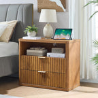 LEYAOYAO 31" Wide Fluted Nightstand with Charging Station, Oversized Extra Large 2 Drawers Night Stand,Brown Wood Bedside Table,Tall Bed Side End Tables,Modern Chest of Drawers Dressers for Bedroom