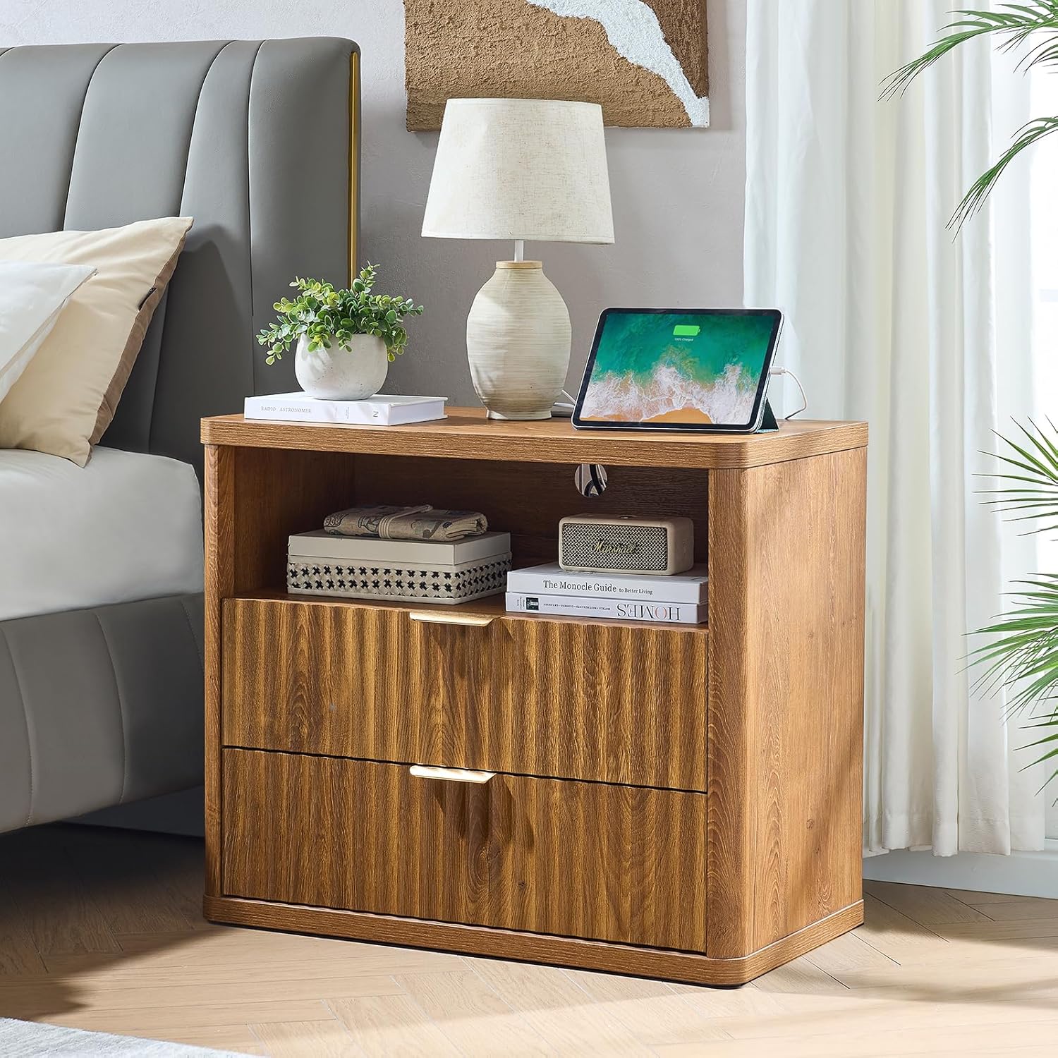LEYAOYAO 31" Wide Fluted Nightstand with Charging Station, Oversized Extra Large 2 Drawers Night Stand,Brown Wood Bedside Table,Tall Bed Side End Tables,Modern Chest of Drawers Dressers for Bedroom