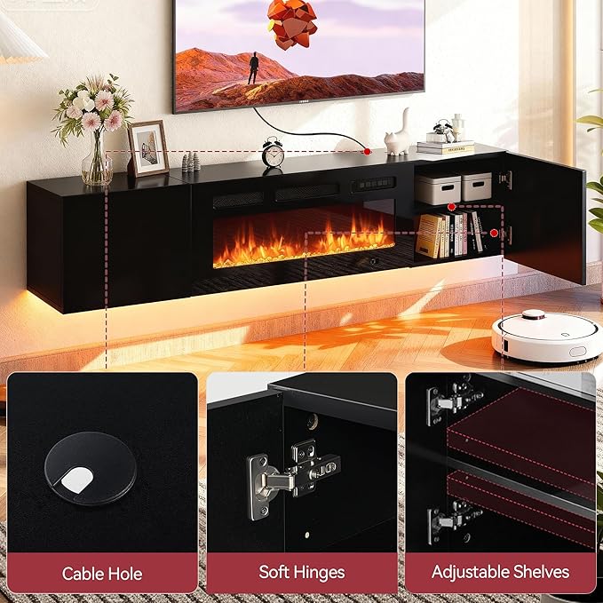 MXV 70'' Floating TV Stand, Modern Media Entertainment Center with 36" Electric Fireplace, TV Console Cabinet Wall Mounted, Adjustable 12-Color LED Lights, for Living Room, Black + Black