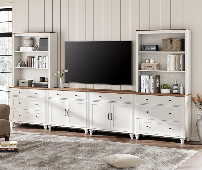 WAMPAT Entertainment Center with Bookshelves for TVs up to 75", Farmhouse Wall Unit TV Stand with Doors & Drawer, Media Console Table for Living Room, Bedroom & Home Theater, White