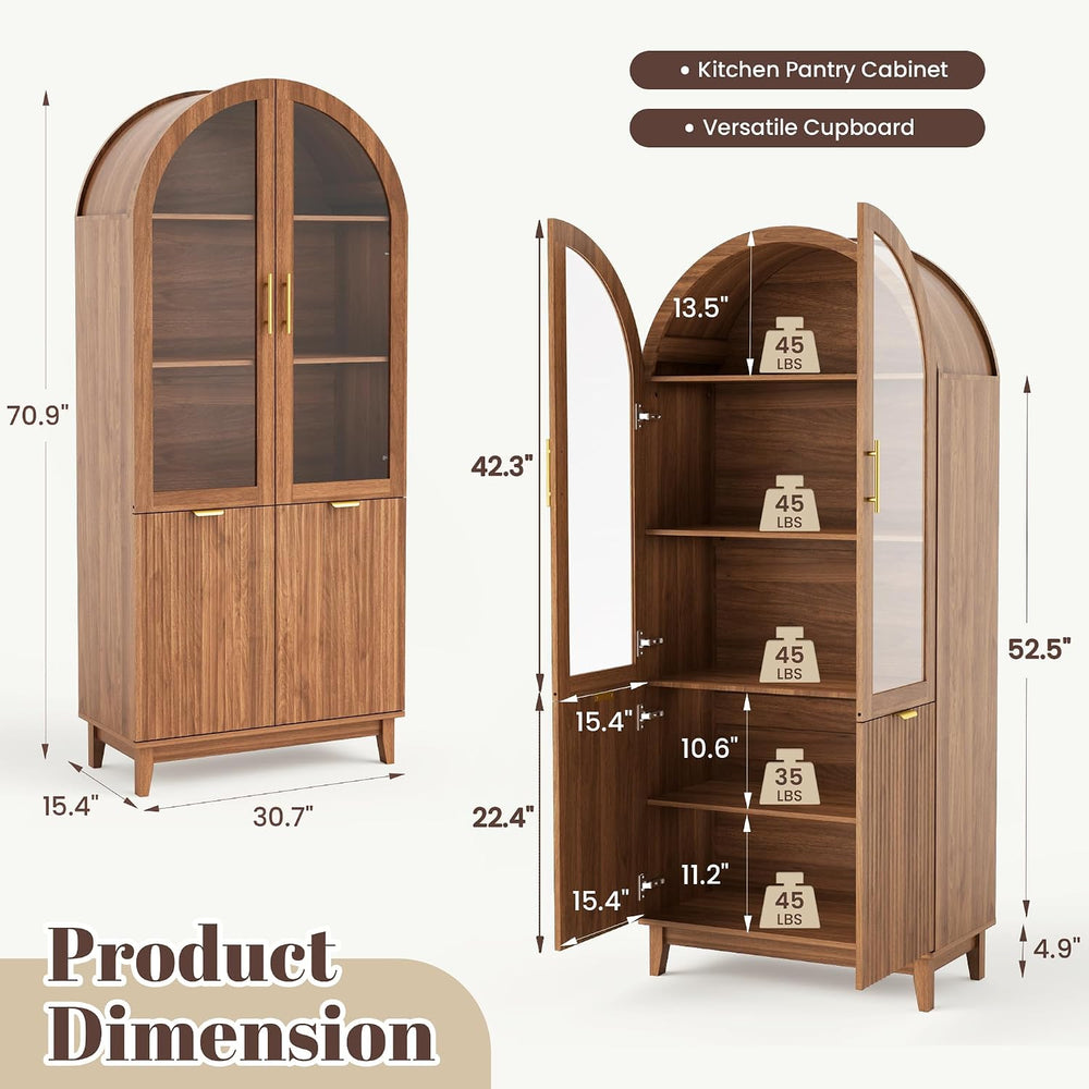 Pamapic 71" Tall Arched Cabinet, Fluted Kitchen Pantry with Glass Doors ...
