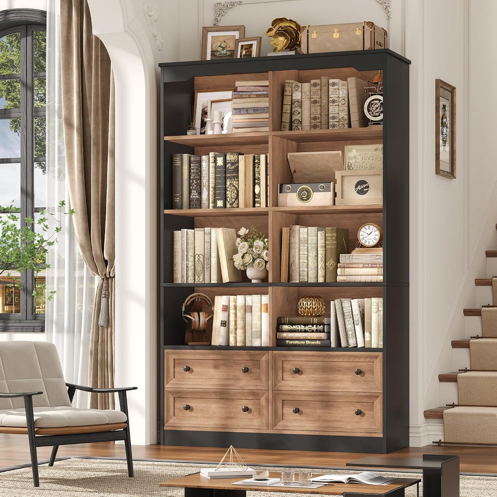 FINETONES 71" Tall Bookshelf with 4 Drawers Large Bookshelf Office Bookcase