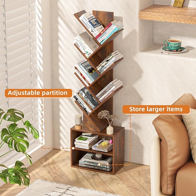 10 Tier Tree Bookshelf,Floor Standing Wood Tall Bookcase for Narrow Space, St...