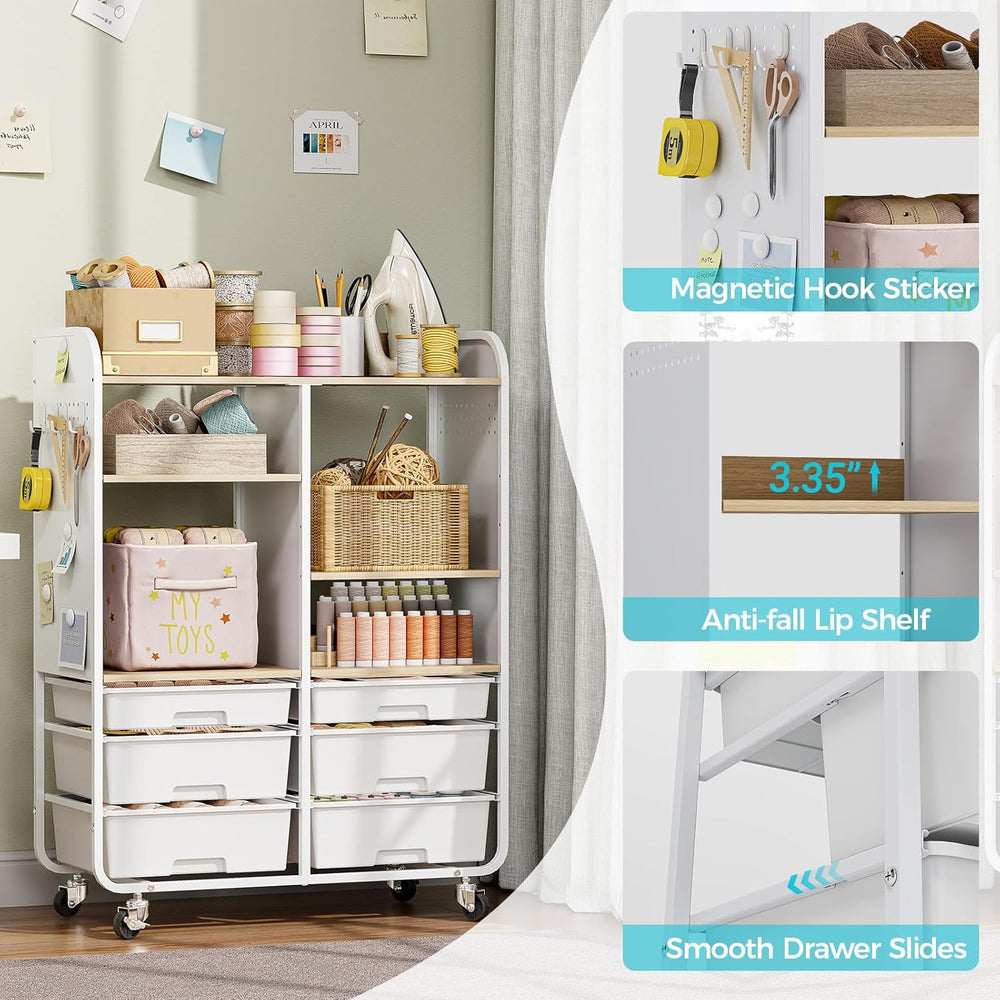 6-Drawer Rolling Storage Cabinet with Wooden Top & Pegboards，Utility Craf...