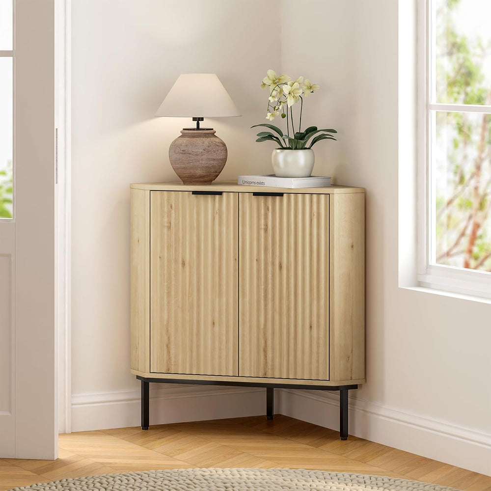 EYYTHUNG Fluted Corner Cabinet, Modern Small Corner Floor Cabinet with 2 Door...