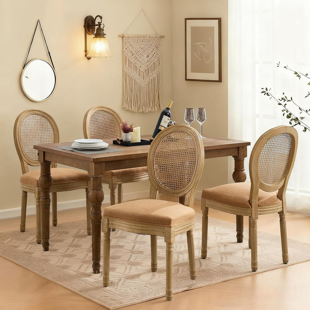 French Country Dining Chairs Set of 4,Upholstered Chairs with Rattan Round Ba...