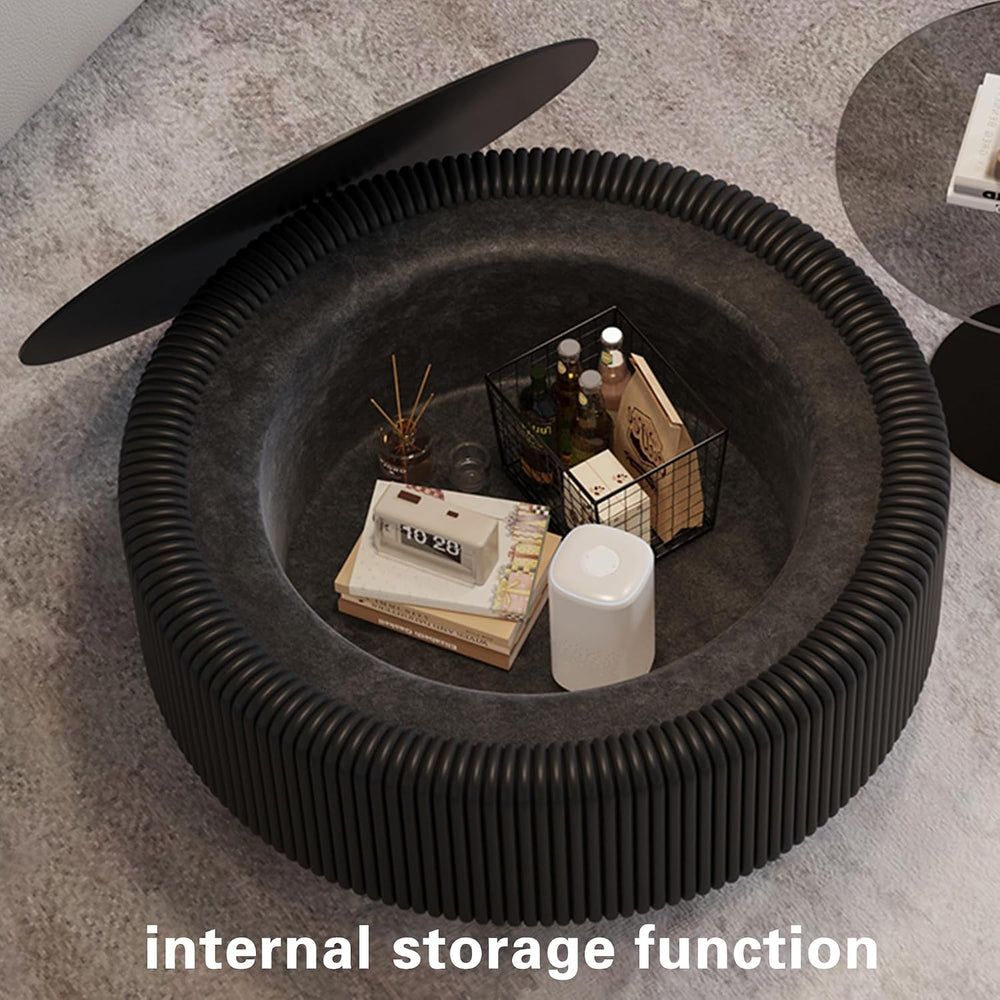 Round Coffee Table, Modern Black Coffee Table with Hidden Storage,Tempered Gl...