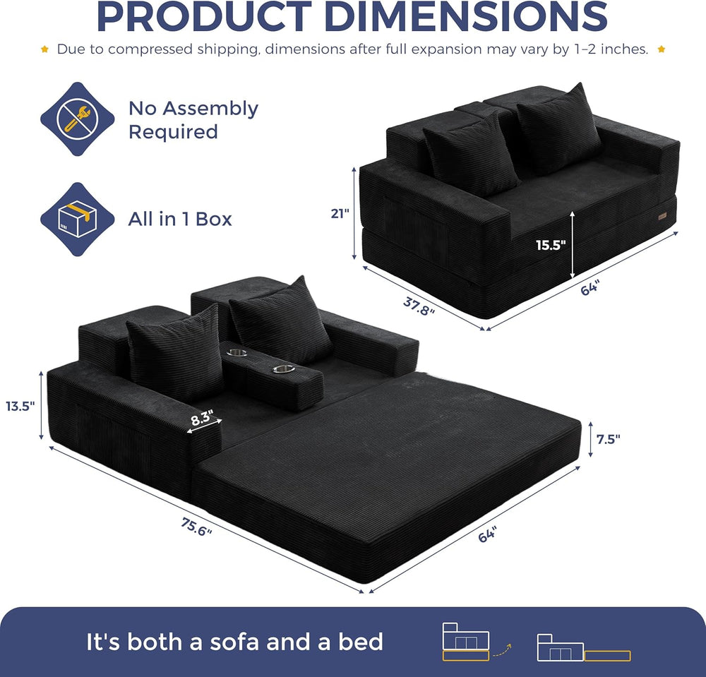 MAXYOYO Sofa Bed, 64-Inch Boneless Loveseat with 2 Cup Holders