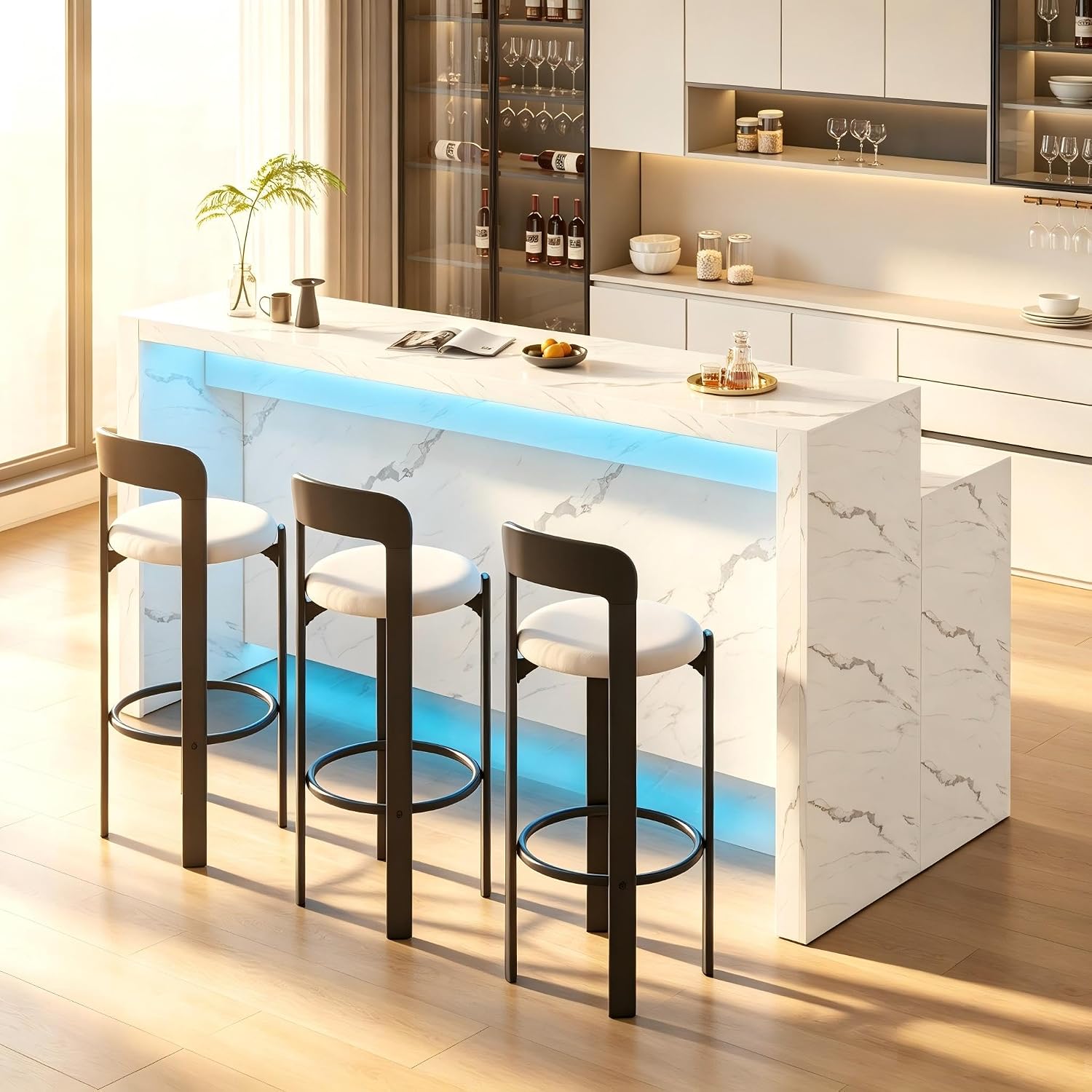 71'' Faux Marble Dining Table for 6 People, 2-Tier Tall Modern Kitchen Island with LED Lights, Rectangle Kitchen Dining Table for Home