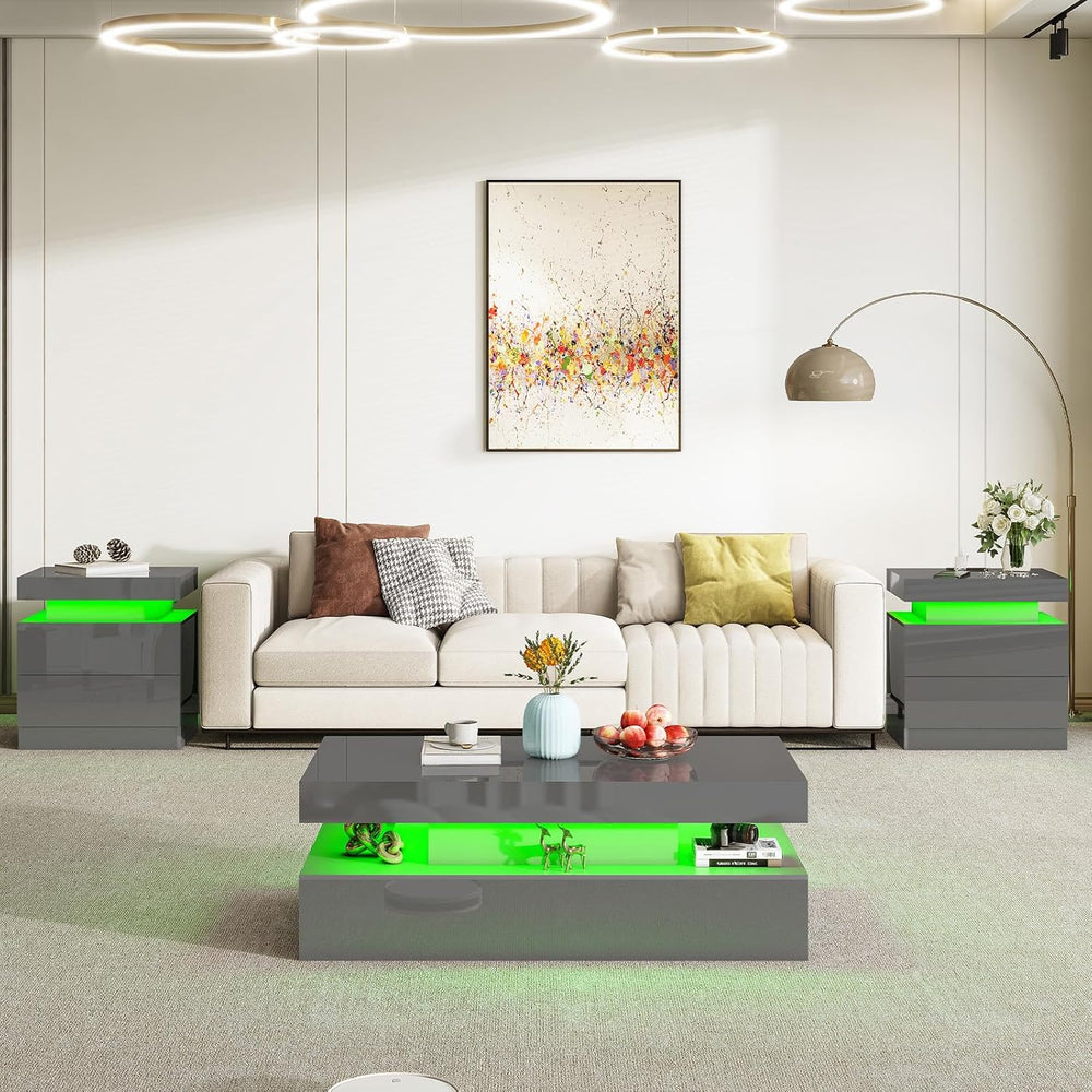 AMERLIFE 40" High Gloss LED Coffee Table with 2-Tier Storage