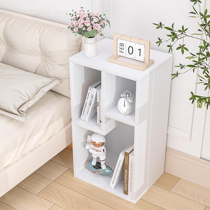 VECELO Small White Bookshelf, 3 Cube Shelf, Fits Tallest Hardcovers, Horizontal Available, Modern Storage Organzier for Small Spaces, Kids, Pearl White
