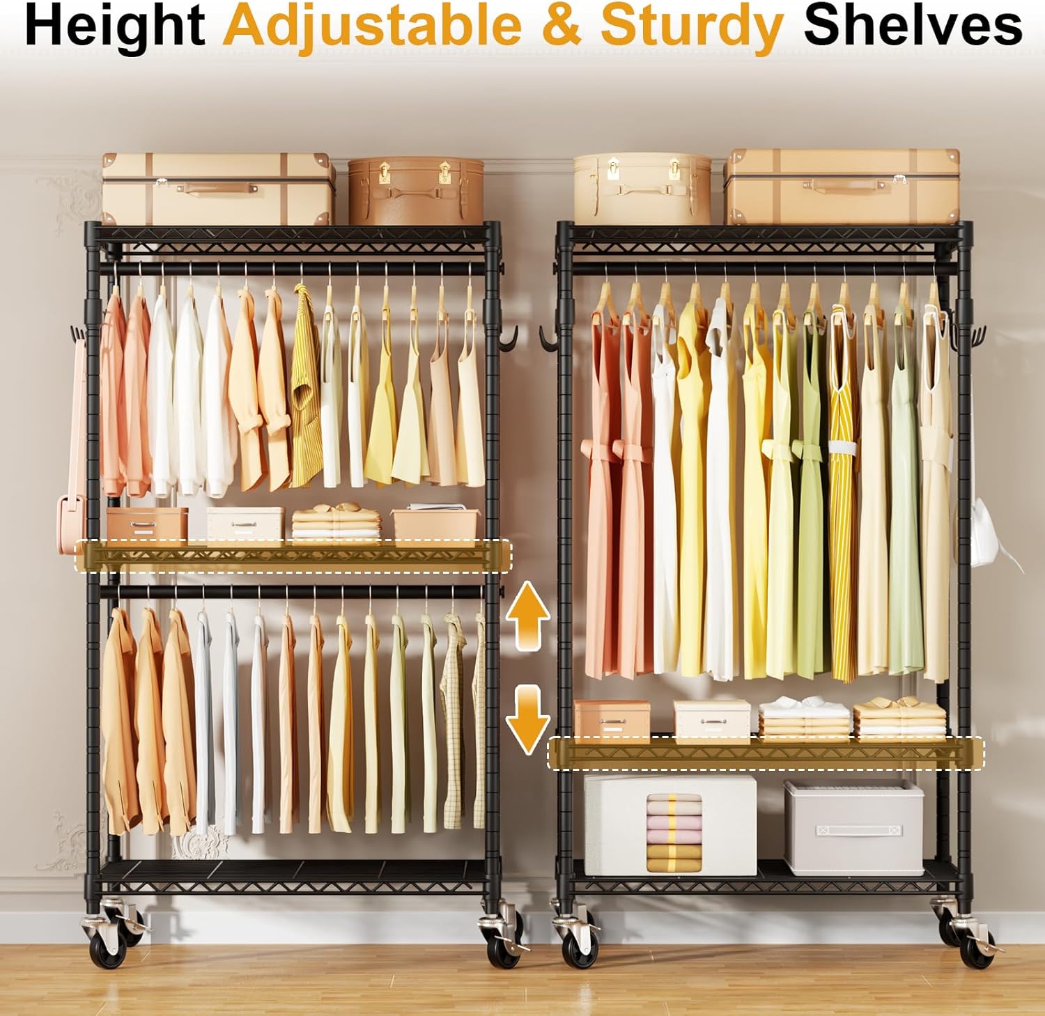 P1 Rolling Clothes Rack, Portable Wardrobe Closet with Wheels, Heavy-Duty Closet Clothing Rack for Hanging Clothes, 35.5" W x 15.7" D x 80.5" H, Hold 500lbs, Black