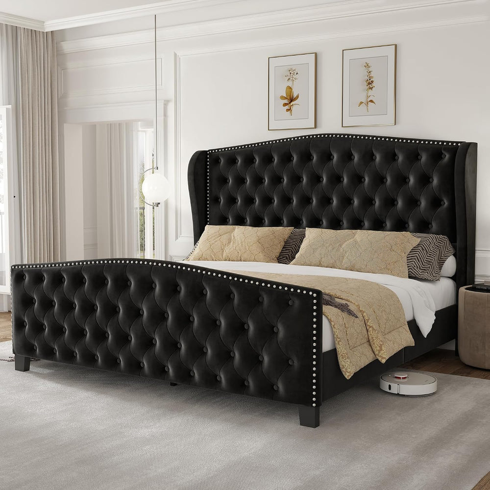 LARMACE King Size Bed Frame Velvet Upholstered Platform Bed with Wingback Hea...