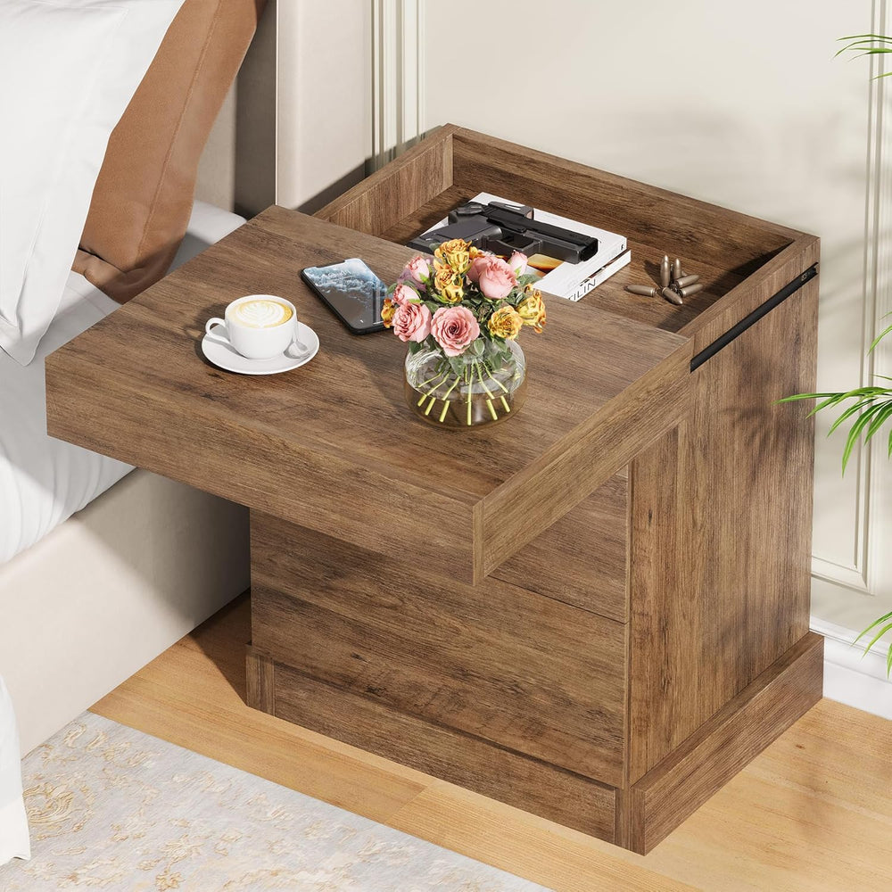 Nightstand with Gun Drawer, Farmhouse Bedside Table with Hidden Storage, Side...