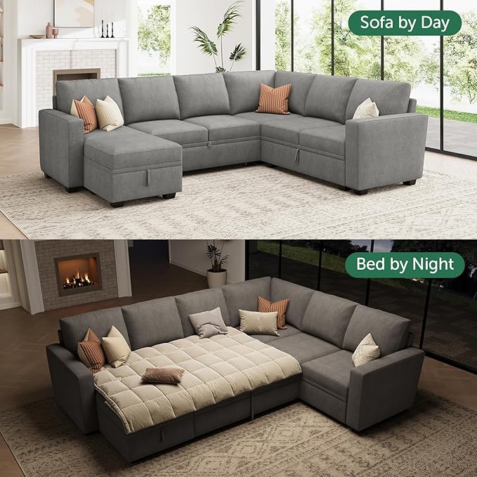 HONBAY Modular Sectional Sleeper Sofa with Pull Out Bed, Chenille Sectional Couch with Storage Seats Ottoman, U Shaped Couches for Living Room, Warm Grey
