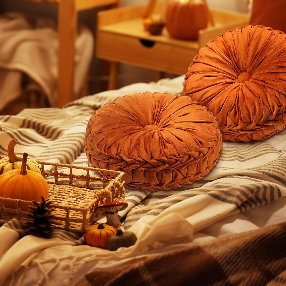 Beeveer 2 Pcs Round Throw Pillows Velvet Pleated Pillows, Orange