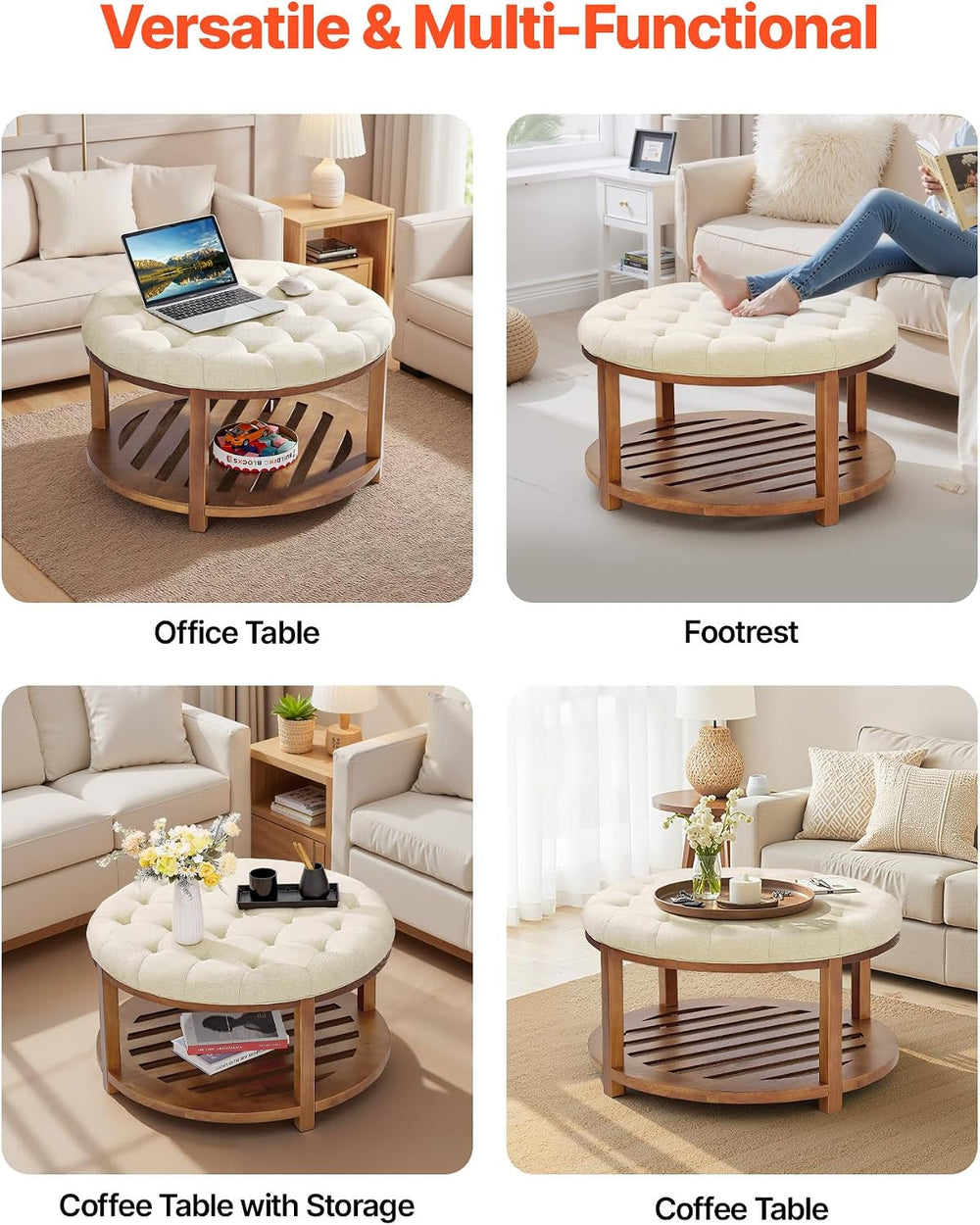 VEVOR Large Round Ottoman Coffee Table, 31.9 Inch Tufted Coffee Table with So...