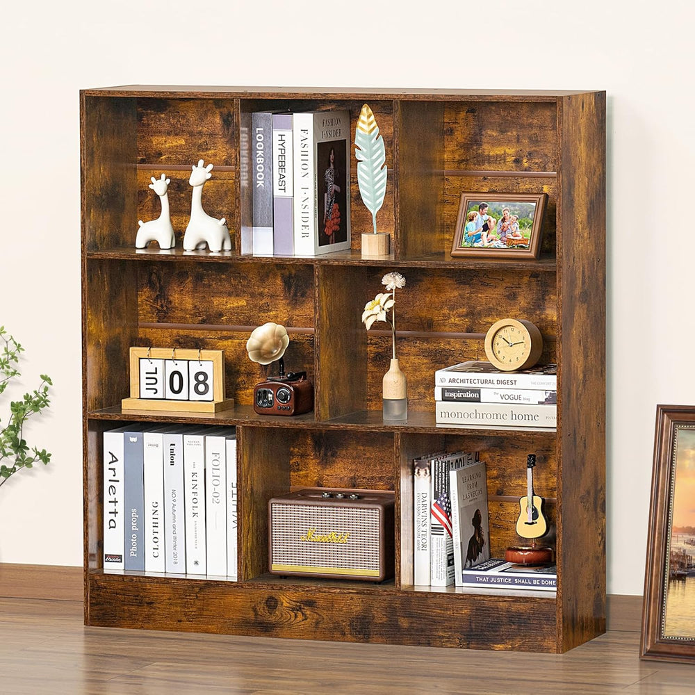 LEYAOYAO 8 Cube Bookshelf with Base,3 Tier Mid-Century Modern Brown Bookcase,...