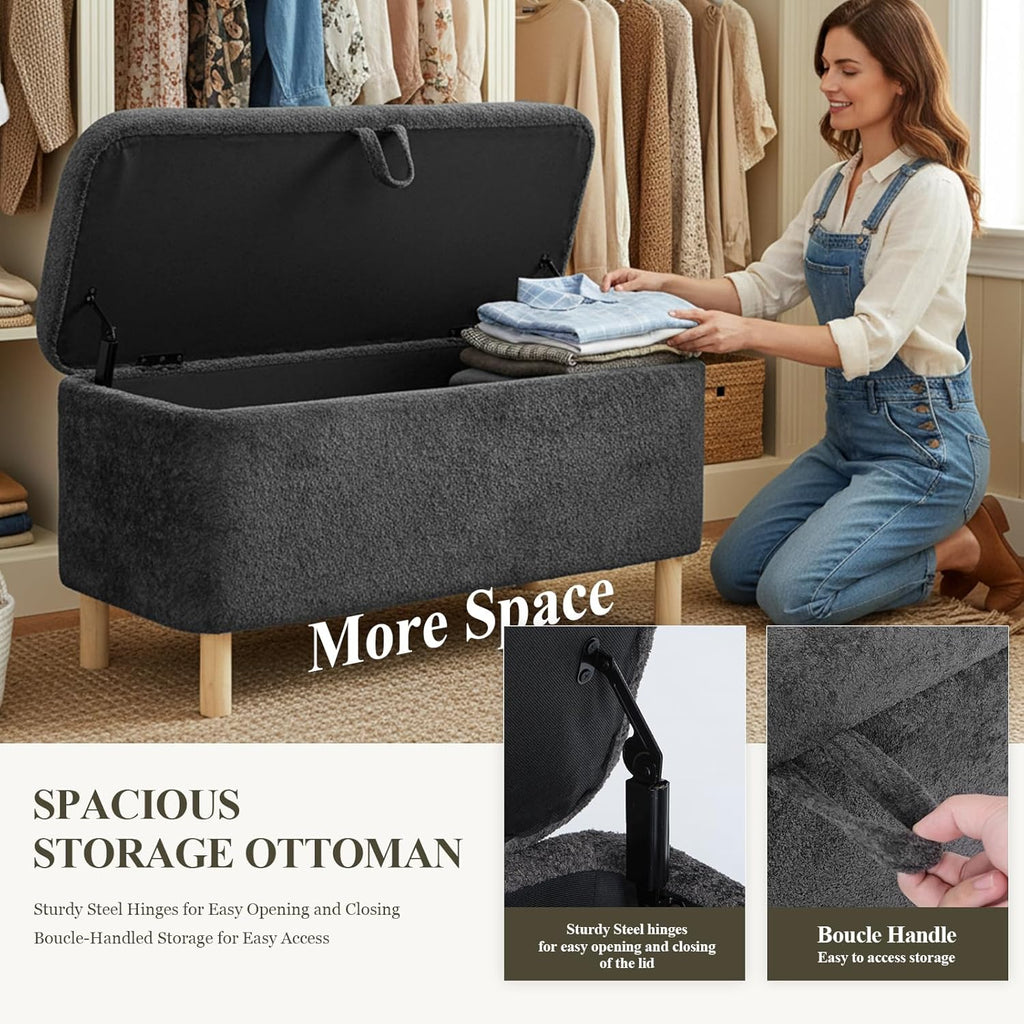 Ottoman with Storage, Storage Ottoman Bench, Entryway Bench with Wood Legs for Living Room, Bedroom, Sitting Area, Dark Grey