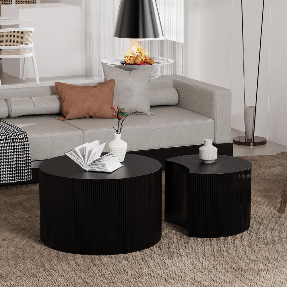 Round Nesting Coffee Table Set 2 Piece (A Black 27.56 in) | Drum Modern Stack...