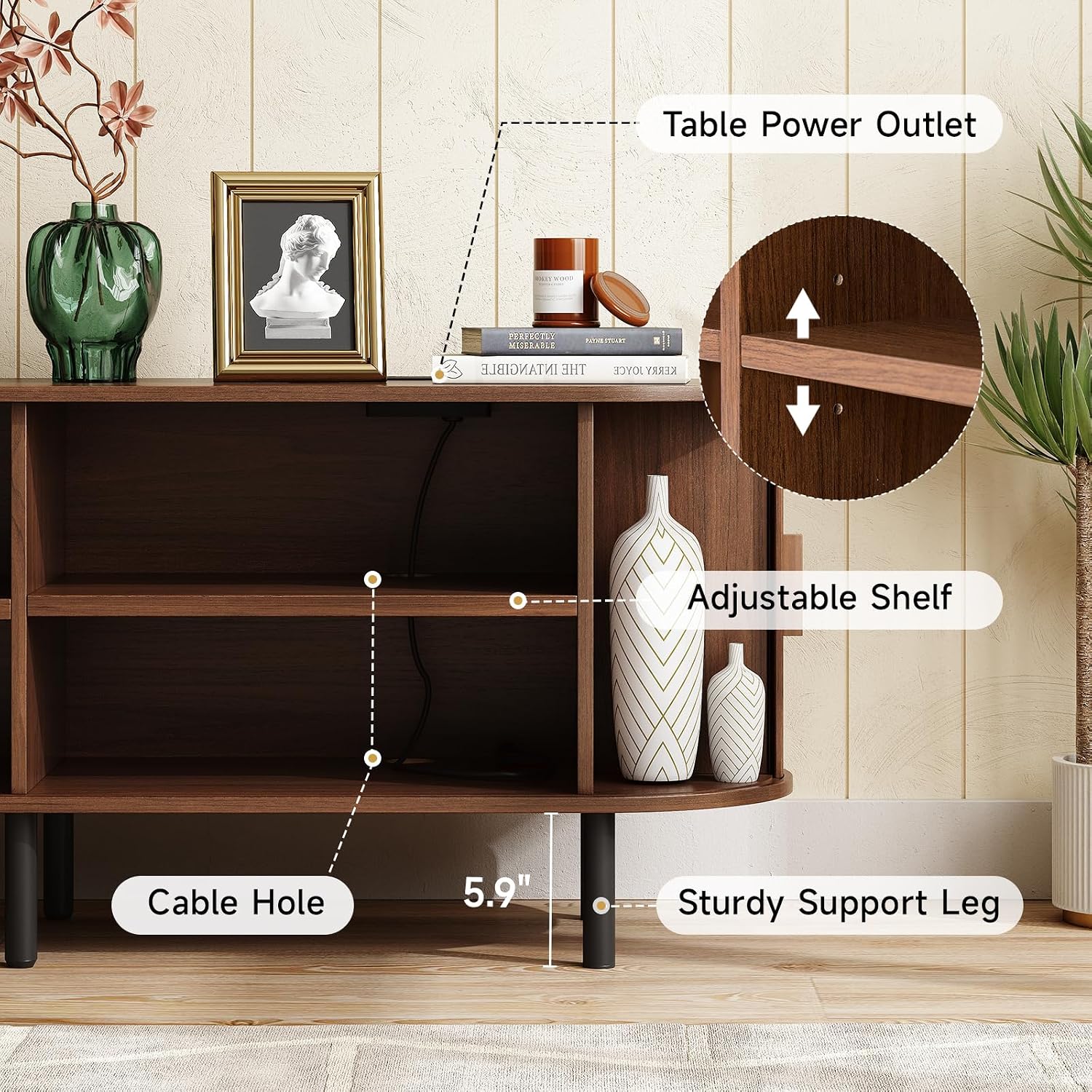 86.6" TV Stand with Power Outlet for TVs up to 90 Inch, Entertainment Center with Storage and Adjustable Shelves, Modern Media Console with Sliding Doors for Living Room, Walnut