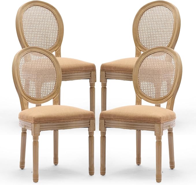 Rattan Back Upholstered Dining Chairs Set of 4 French Country Oval Kitchen Side Chairs with Wood Legs for Dining Room, Kitchen, Restaurant(Tan-Rattan)