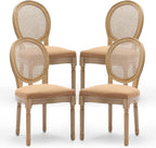 Rattan Back Upholstered Dining Chairs Set of 4 French Country Oval Kitchen Side Chairs with Wood Legs for Dining Room, Kitchen, Restaurant(Tan-Rattan)