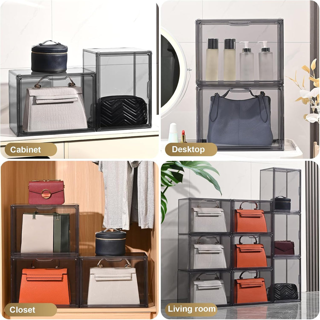 4 Pack Handbag Storage Organizer for Closet, ULENDIS Transparent Gray Acrylic Display Case for Handbag Purse, Stackable Storage Organizer with Magnetic Door for Wallet Book Cosmetic Toys Display