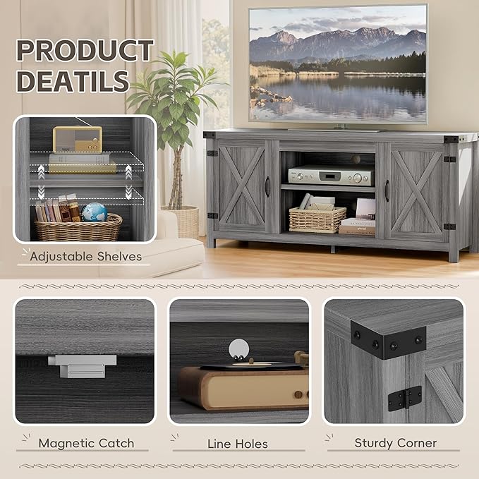 YESHOMY Modern Farmhouse TV Stand with Two Barn Doors and Storage Cabinets for Televisions up to 65+ Inch,Entertainment Center Console Table,Media Furniture for Living Room,Light Grey