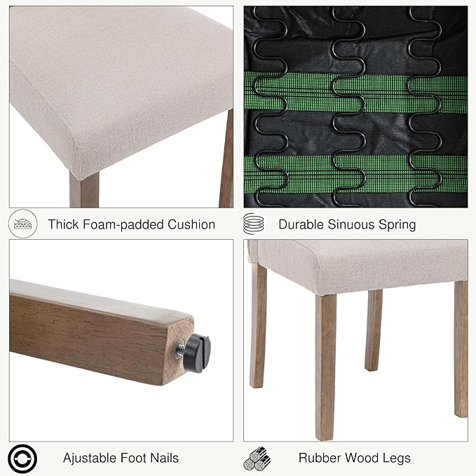 Upholstered Dining Chair Modern Stylish Parsons Kitchen Diner High Back with Silver Nailhead Trim & Wood Legs, Set of 4, Fabric Beige