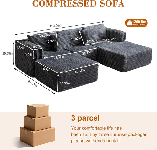 110 Corduroy Modular Sectional Boneless Sofa with 2 Ottomans, Convertible Cloud Couch with Deep Seats, Fluffy Memory Foam U Shaped Couch for Living Room, No Assembly Required (Gray)