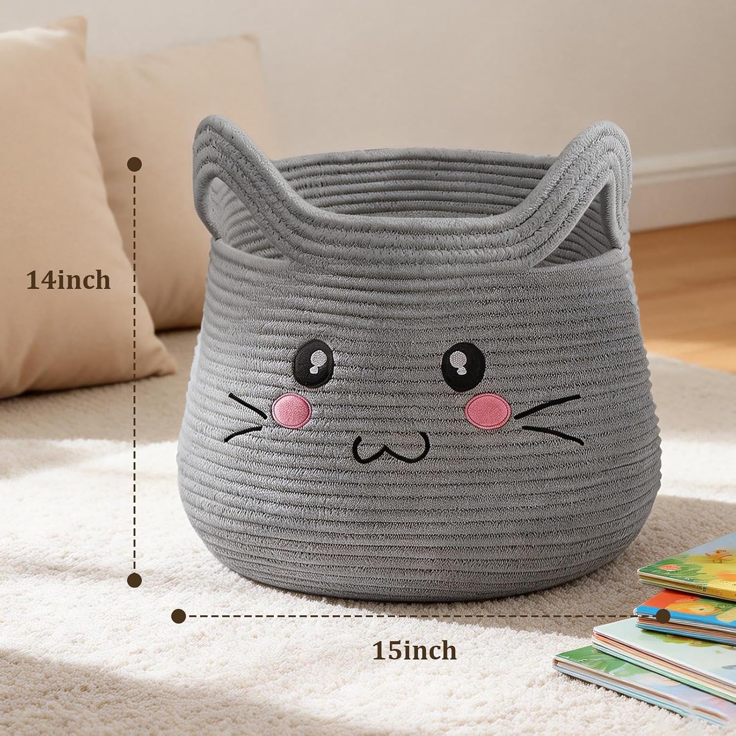 VK VK·LIVING Cat Storage Basket - Large Woven Cotton Rope Toy & Laundry Organizer with Handles for Nursery, Bedroom, Living Room, Holds Blankets, Clothes, Toys (15”D x 14”H)