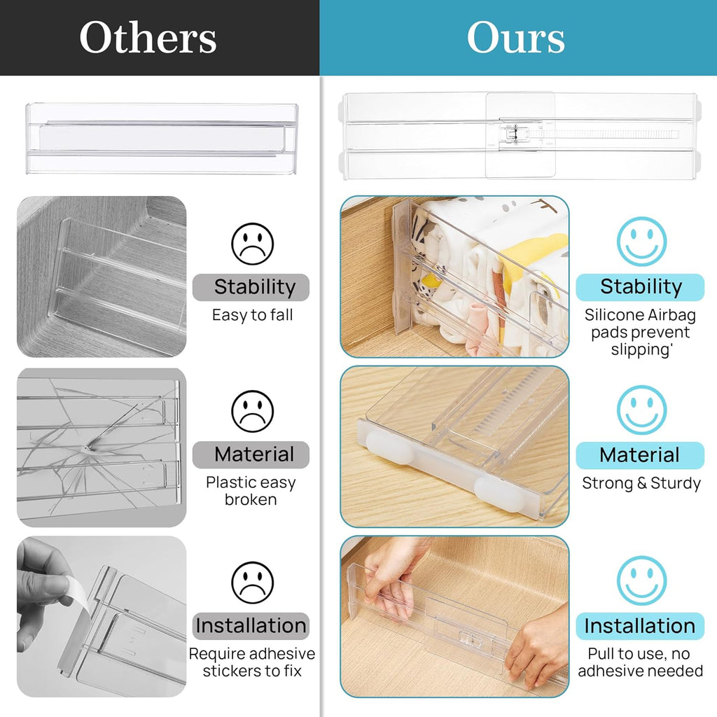 Vtopmart 12 Pack Drawer Dividers for Clothes, 4" High 13"-22" Adjustable Expandable Dresser Drawer Organizer, Clear Plastic Separators for Dresser, Baby Clothing, Underwear, Cosmetic, Toiletries