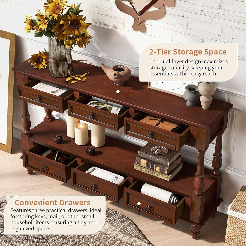 LKTART 54'' Solid Wood Console Table, Farmhouse Entryway Table with 6 Drawers and Shelf, Narrow Long Sofa Table with Storage for Living Room Hallway, Couch, Foyer (Cherry)